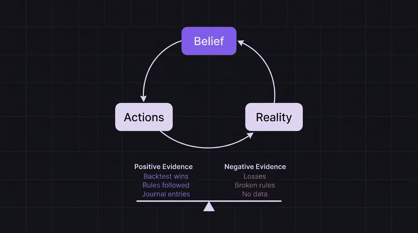 Diagram showing the belief-action-reality loop with positive and negative experience scales