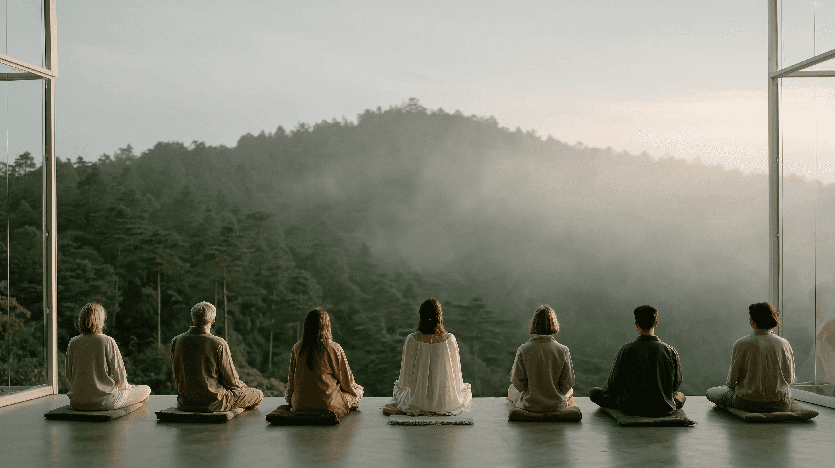 A group breathwork session in a tranquil indoor retreat space.