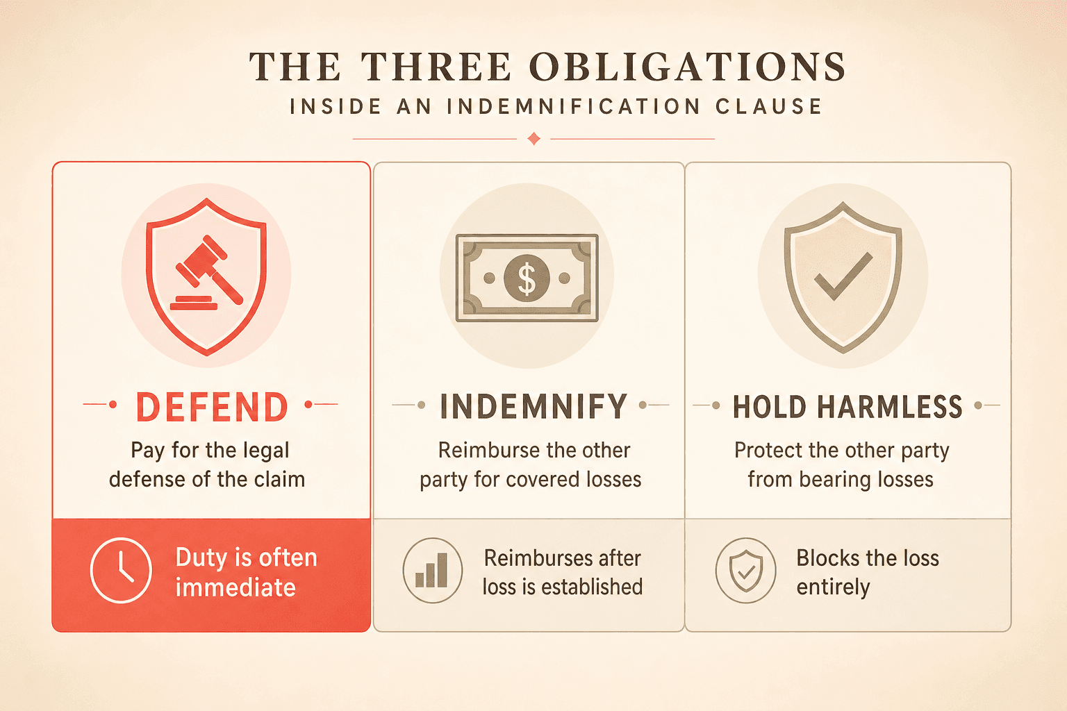 Diagram comparing the duties to defend, indemnify, and hold harmless