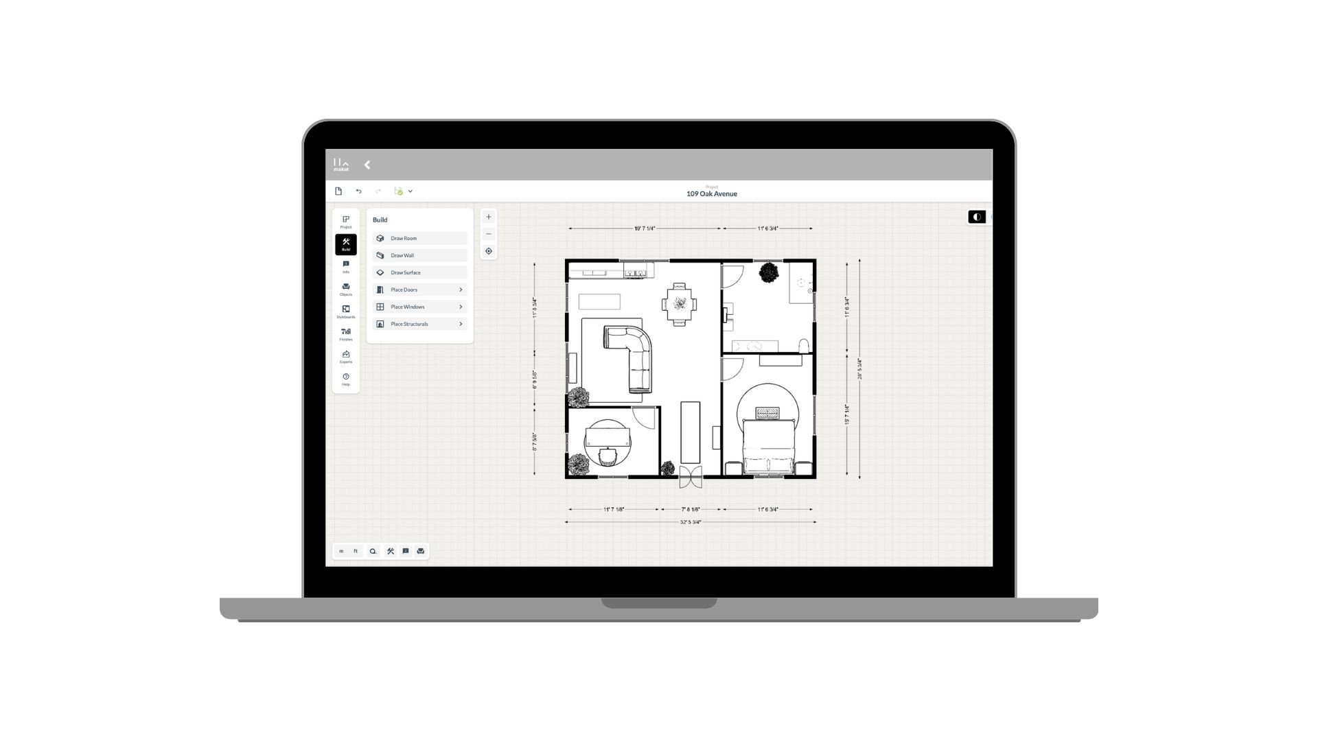 Laptop showing architectural floor plan software with detailed room layout and dimensions