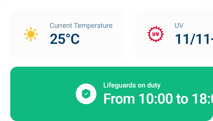 Kiosk display showing current temperature and UV level, presenting real-time beach safety information clearly.