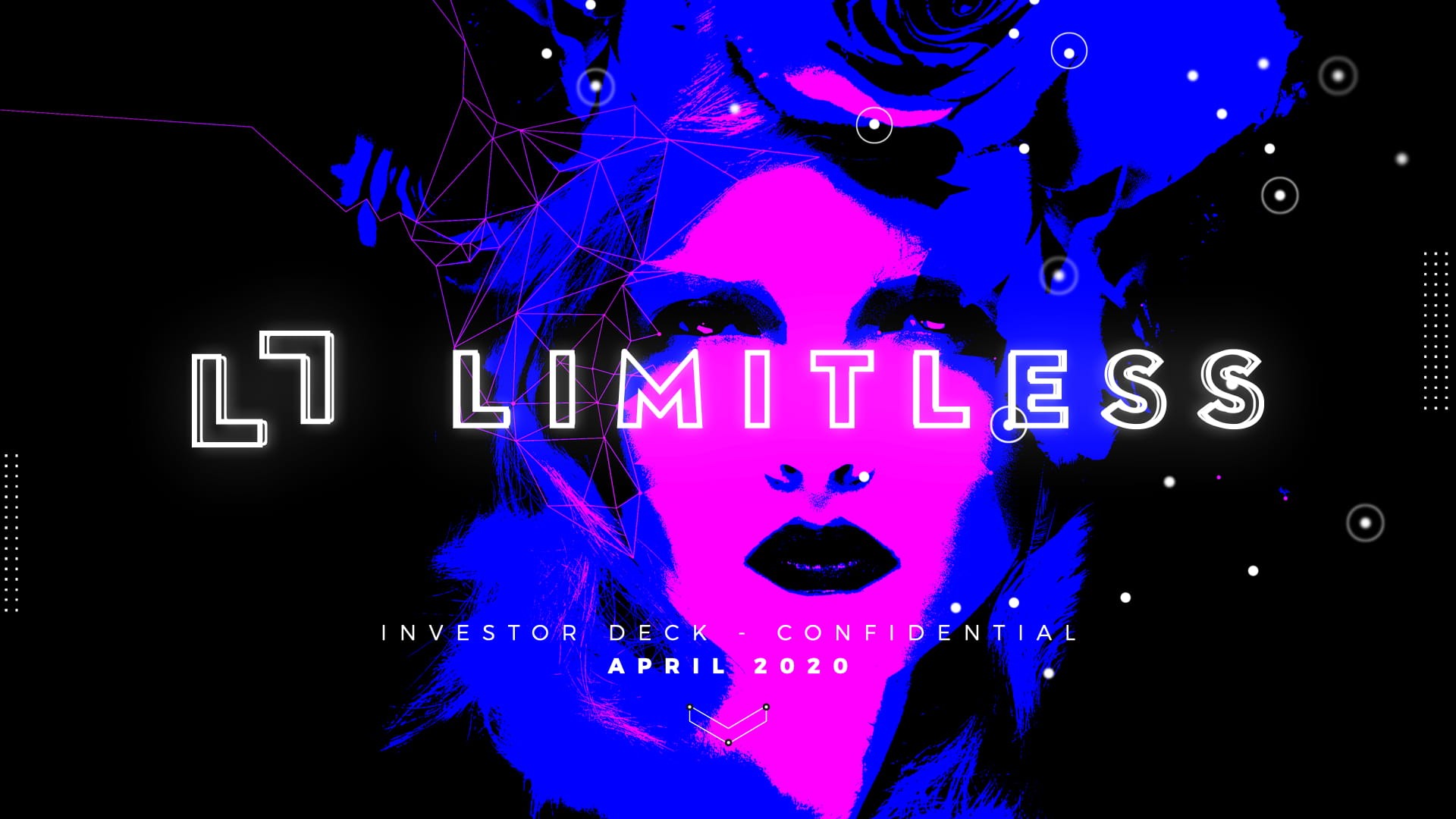 Limitless investor pitch deck cover slide featuring bold neon pink and blue pop art style portrait of woman with geometric network overlay, glowing white Limitless logo, April 2020 date, and floating particle effects on black background