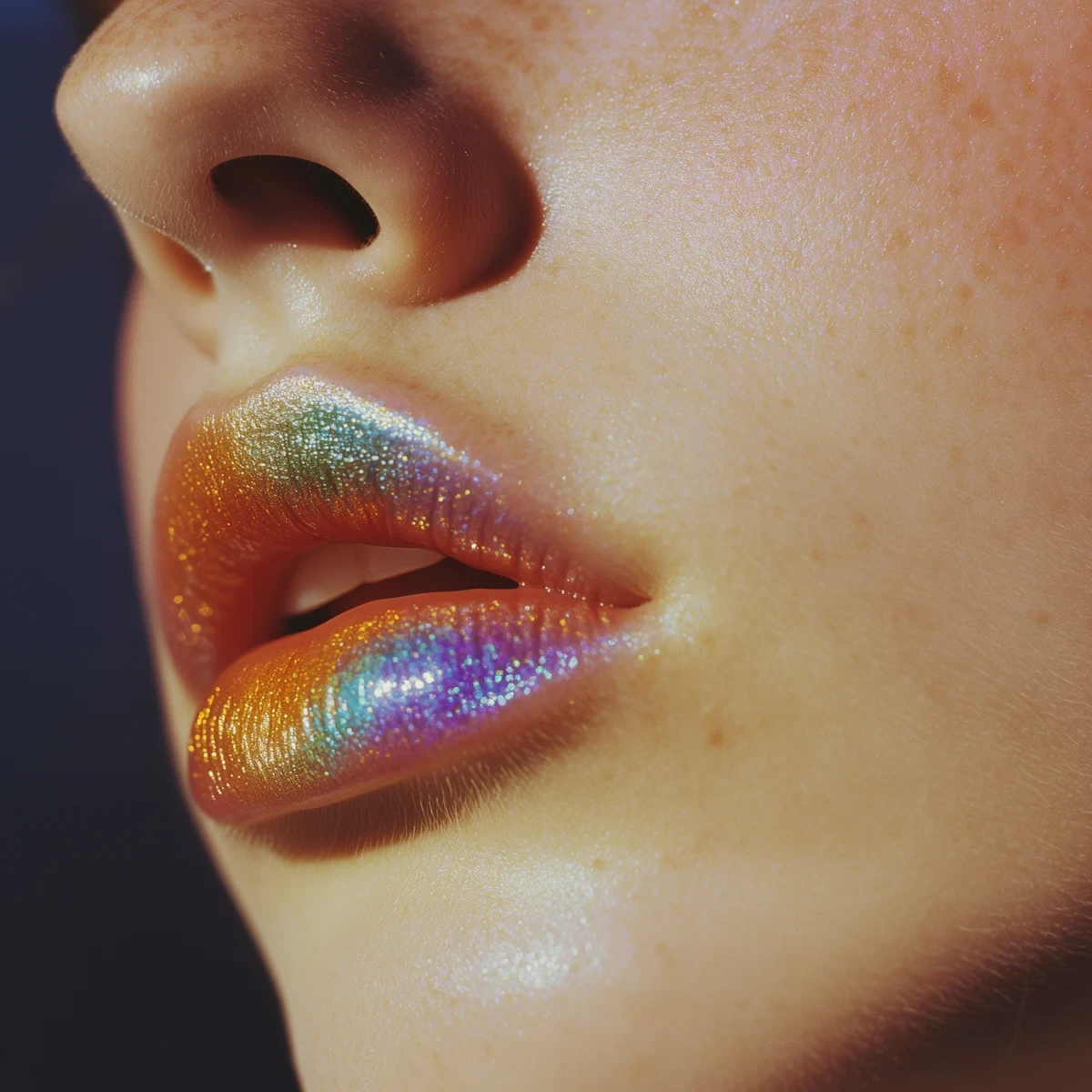 Close-up of glossy iridescent lips in orange, gold, and green hues, with glowing skin and artistic lighting.