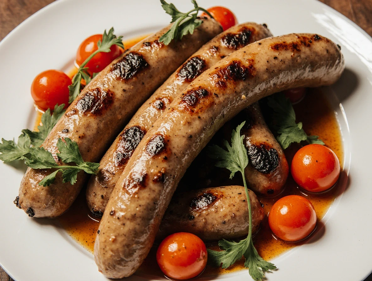 Grillowane parówki na talerzu, z pomidorami.