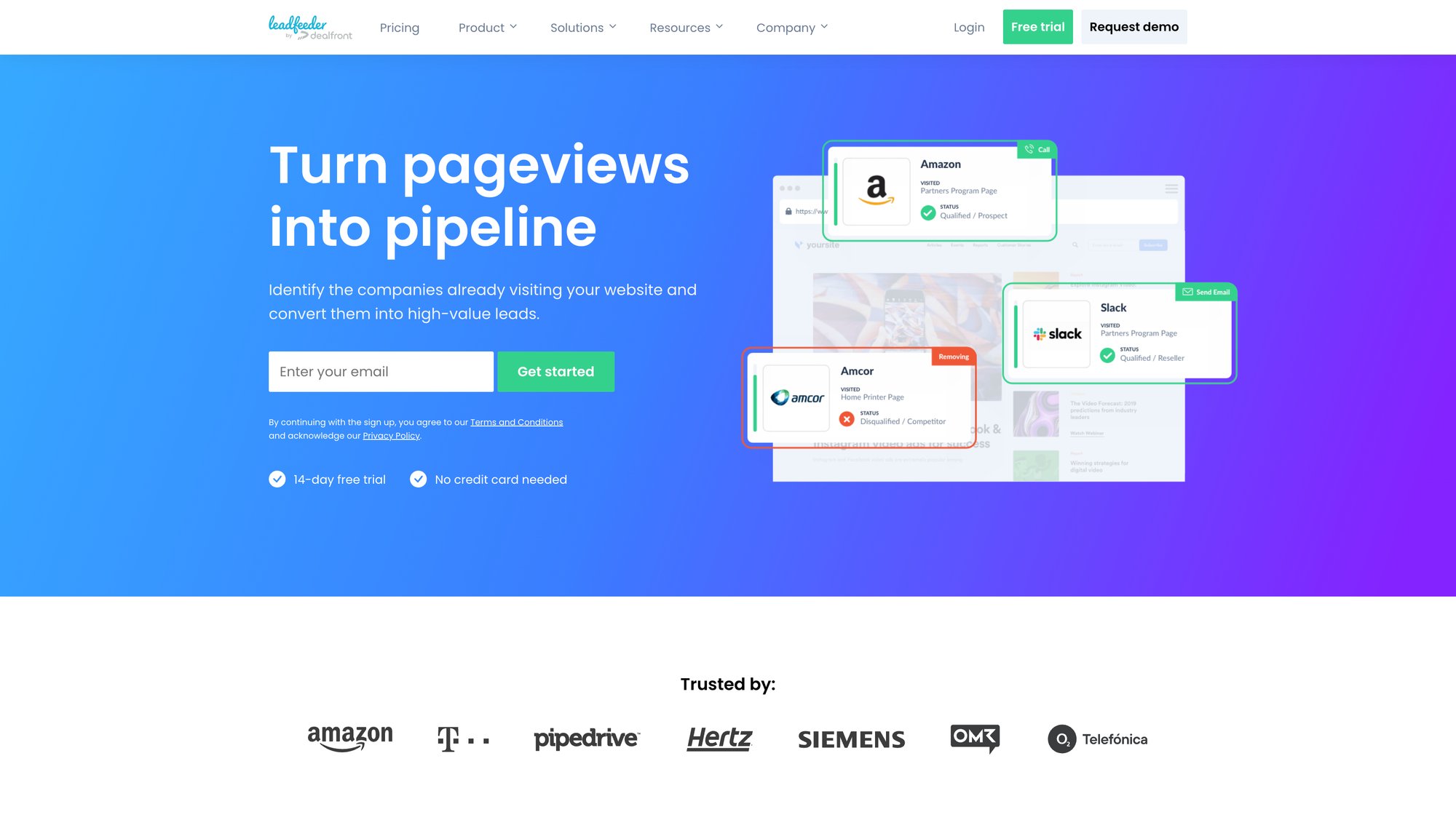 B2B lead generation platform's hero section showing visitor identification, qualification, and client logos.