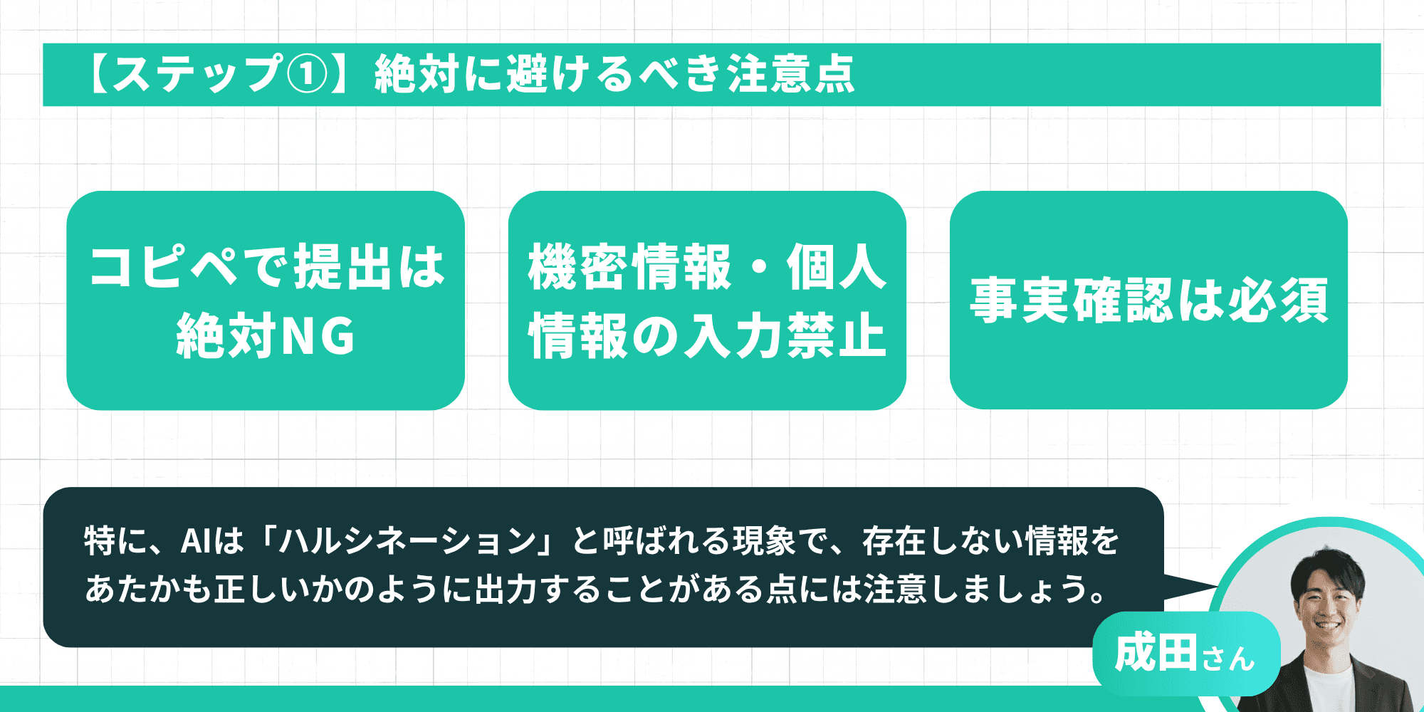「【ステップ①】絶対に避けるべき注意点」を紹介するスライド。「コピペで提出は絶対NG」「機密情報・個人情報の入力禁止」「事実確認は必須」の3点を提示。成田さんの「特に、AIは『ハルシネーション』と呼ばれる現象で、存在しない情報をあたかも正しいかのように出力することがある点には注意しましょう」というコメントを掲載。