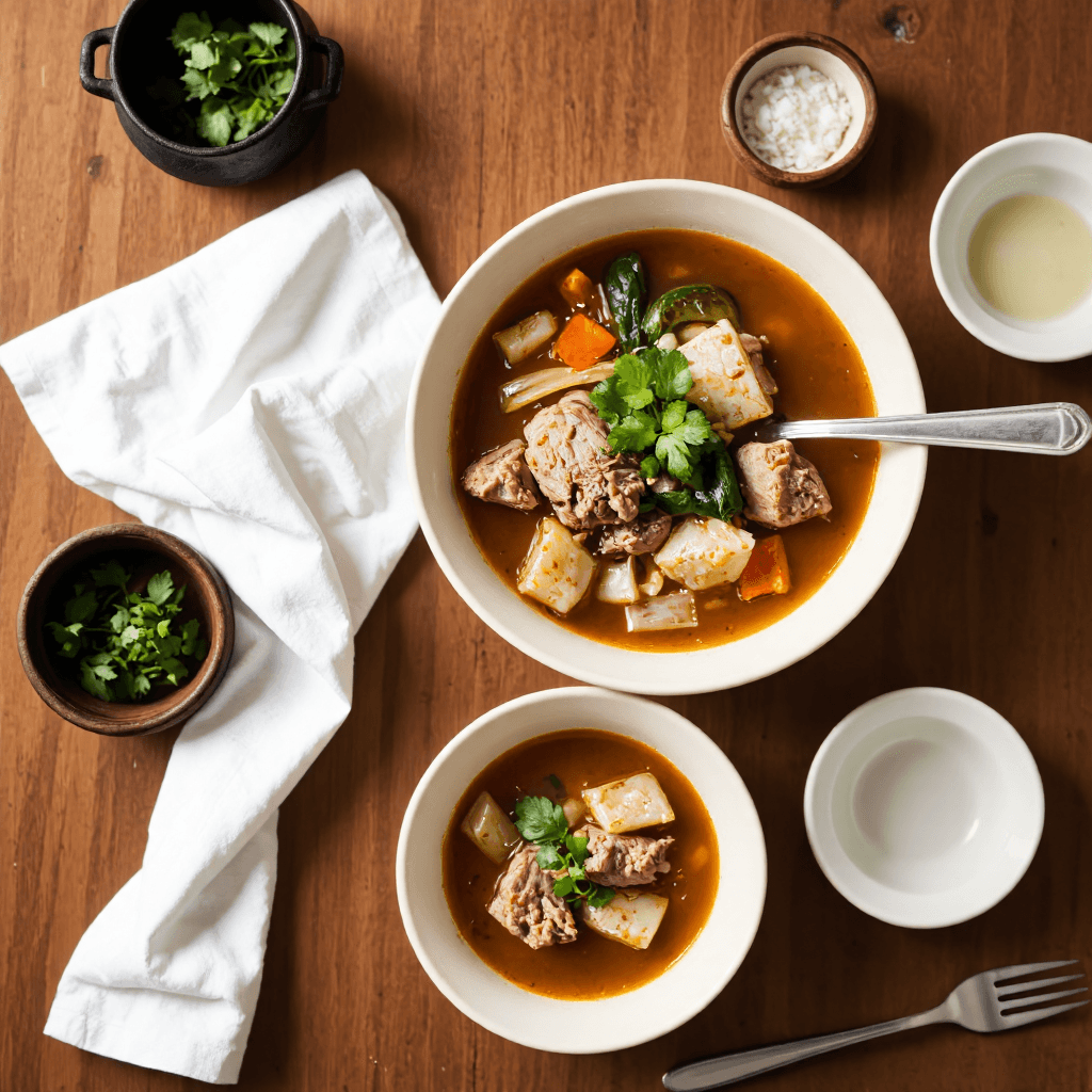 product photography of a bowl of soup with meat and vegetables