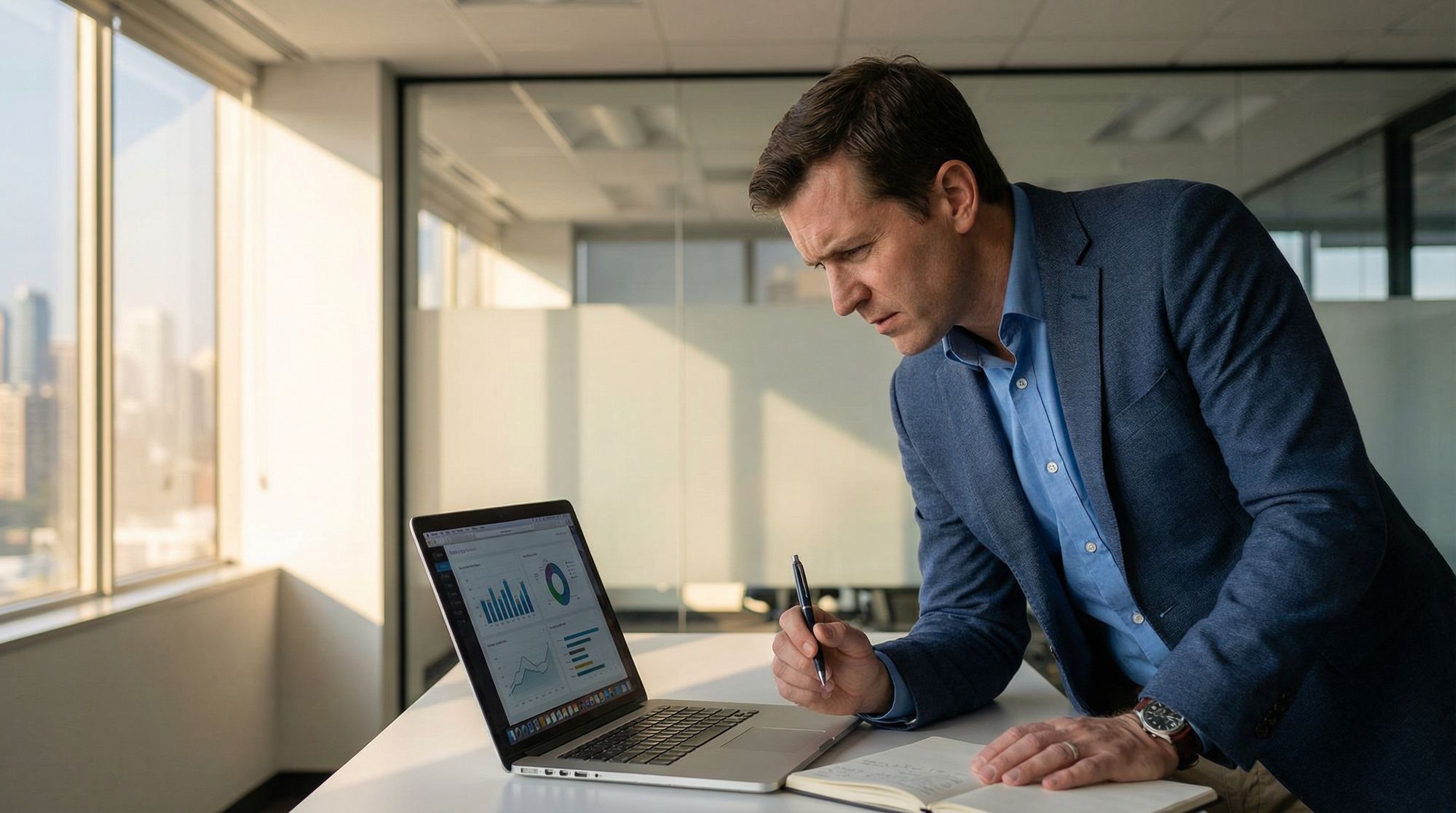 Man in a blue jacket leaning over a desk reviewing a laptop displaying charts, holding a pen above an open notebook.