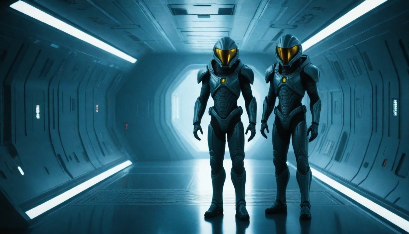 Two futuristic sci-fi astronauts stood in the corridor of a spaceship