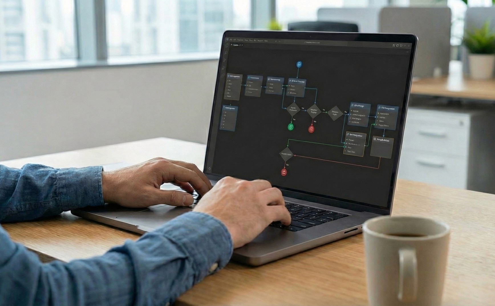 Professional working on a laptop displaying an AI workflow builder and automation flowchart in a modern office, illustrating AI agent development and business process automation.