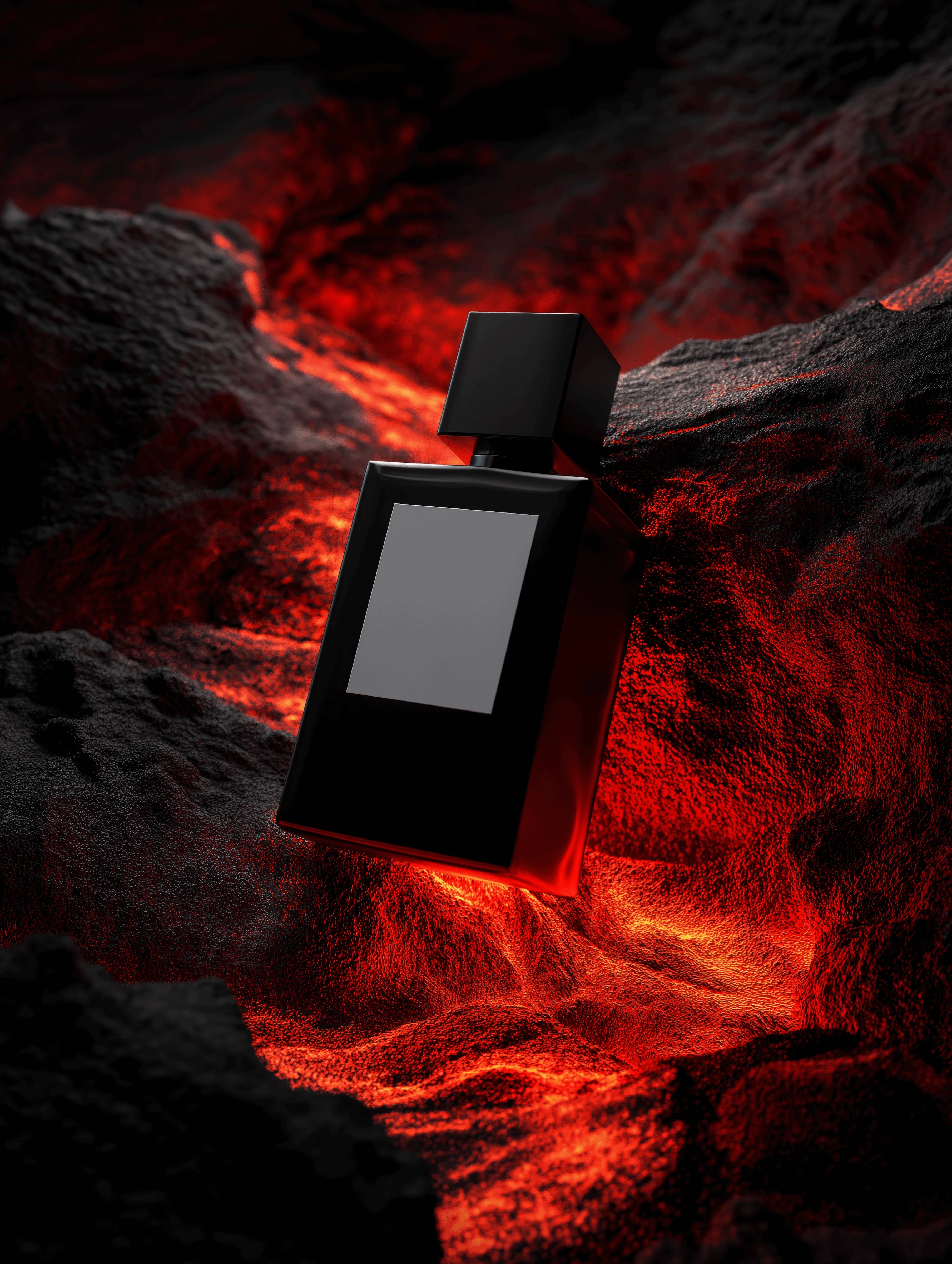 Perfume bottle resting over glowing lava