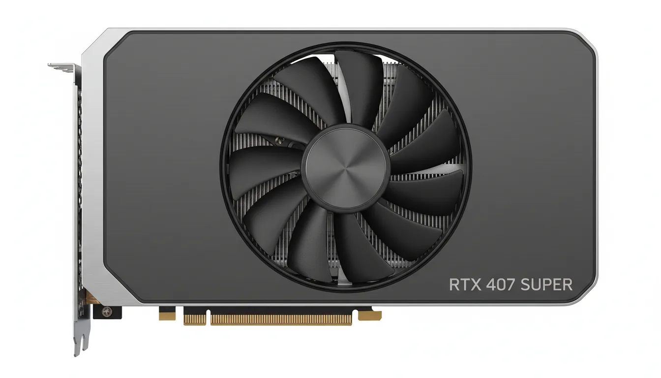 DSLR product photography of a modern NVIDIA RTX 4070 SUPER GPU, side profile view, isolated on a perfectly white studio background. Soft studio lighting highlights the matte dark gray metal shroud, polished silver accents, and the black cooling fan with its circular brushed metal hub. Every detail is in sharp focus, from the gold PCIe contacts at the top to the silver I/O bracket. The branding 'RTX 4070 SUPER' is subtly engraved on the side.