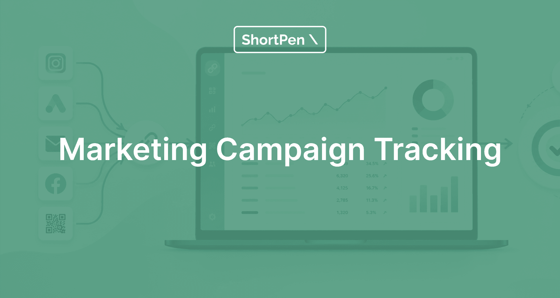 A laptop screen displays charts and graphs, with "Marketing Campaign Tracking" text overlaid. Icons for social media and ads connect to a QR code.