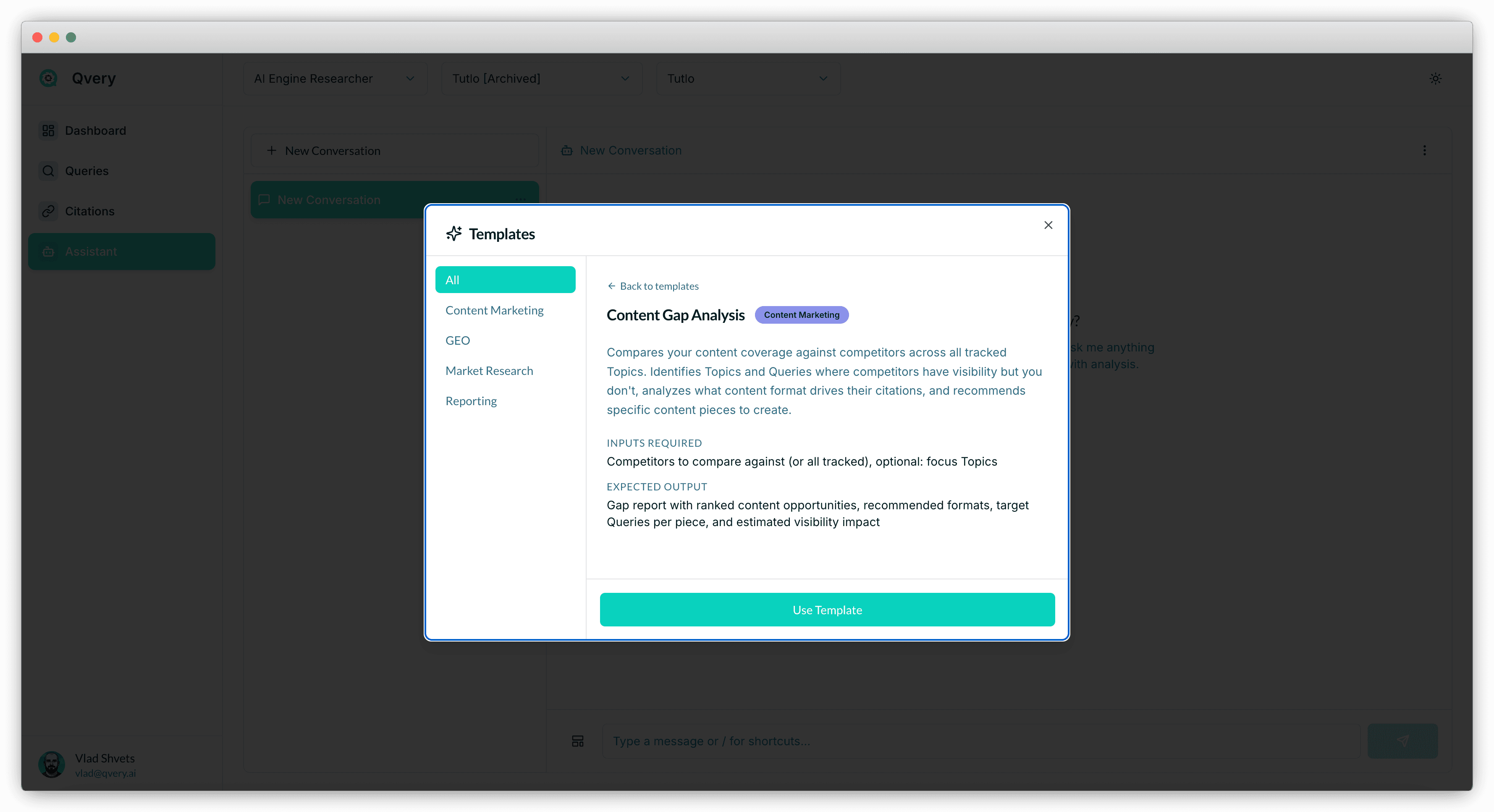 Screenshot of the Content Gap Analysis template in Qvery Assistant
