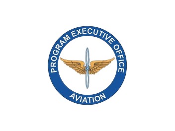 U.S. Army Program Executive Office Aviation logo featuring gold wings and a silver propeller inside a blue circular border.