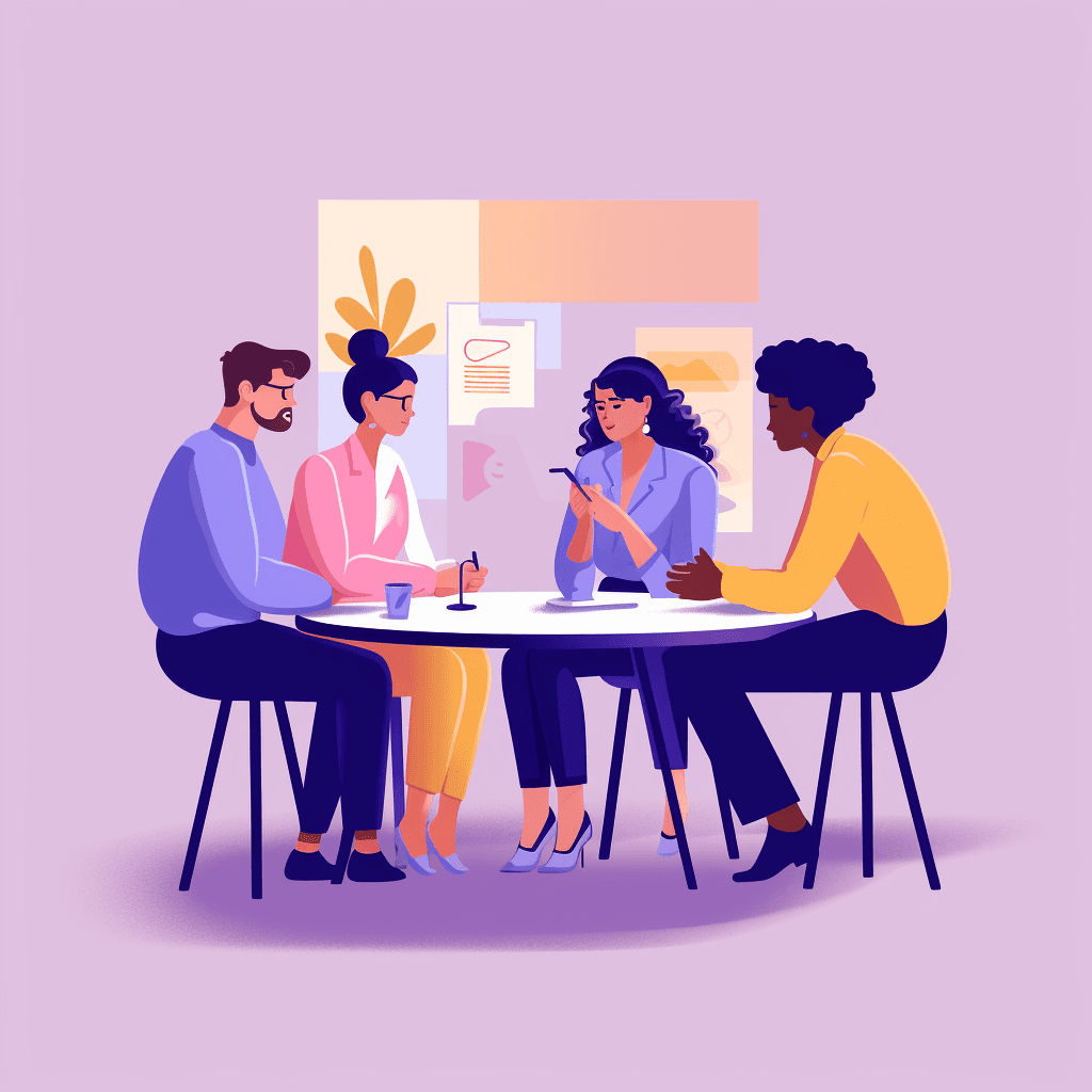 An illustrated scene of a group of individuals gathered around a table, having a discussion.