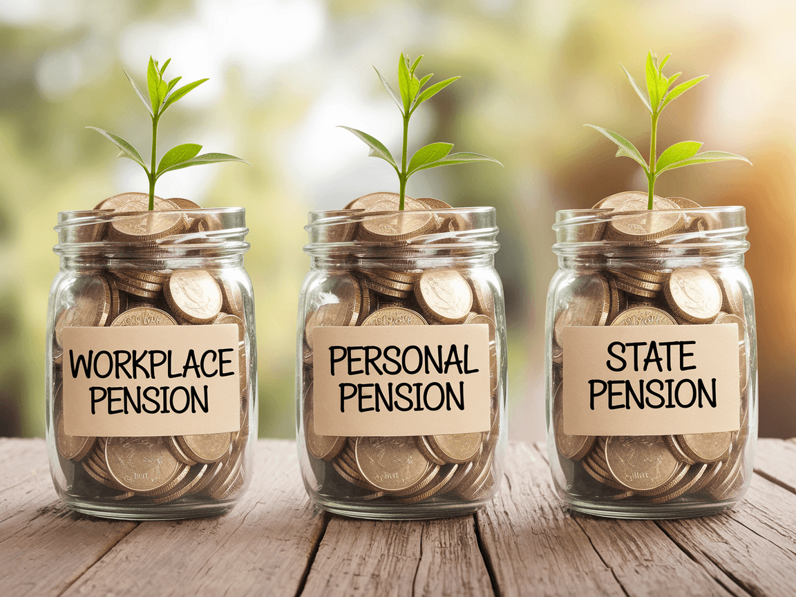three money jars each labelled with workplace, personal and state pension