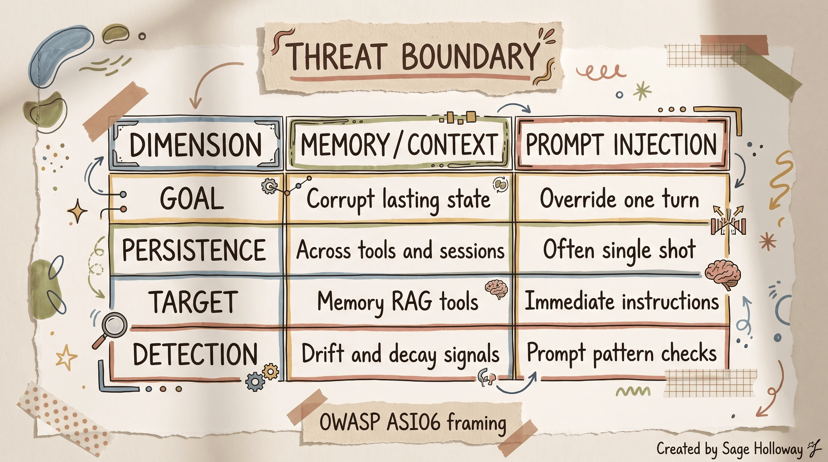 Table comparing memory and context poisoning to transient prompt injection across goal, persistence, target, and detection