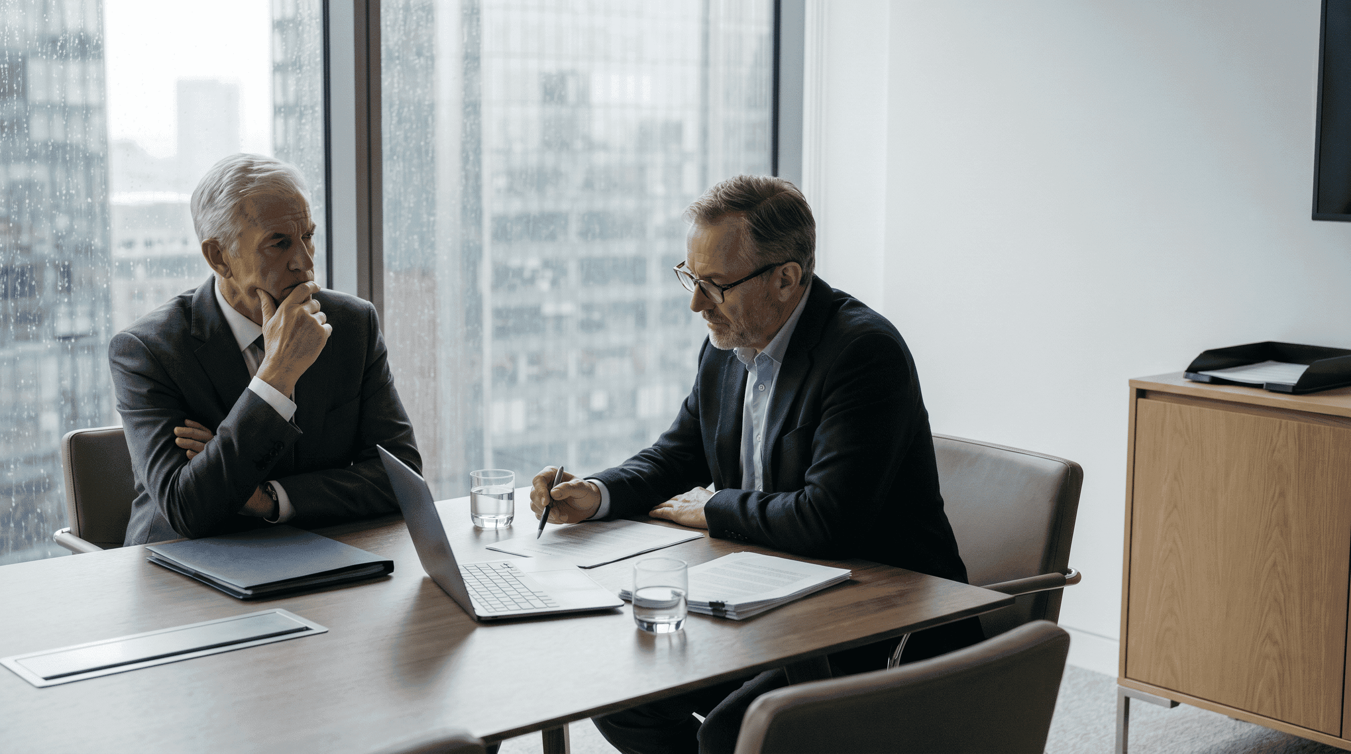 Leadership team reviewing a material business decision with a senior commercial adviser before further value is exposed.