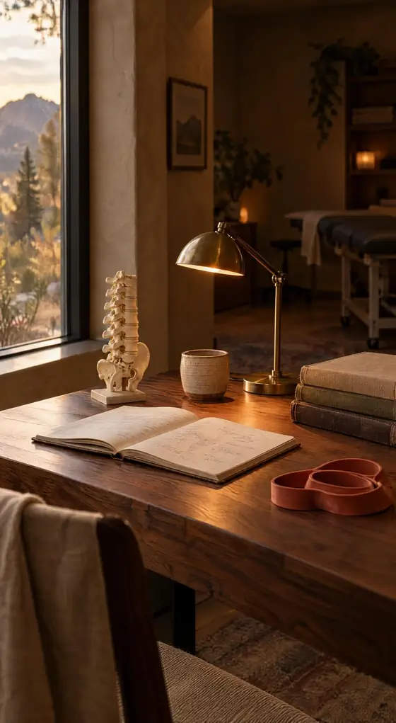 A physical therapist's desk with notes and a lamp