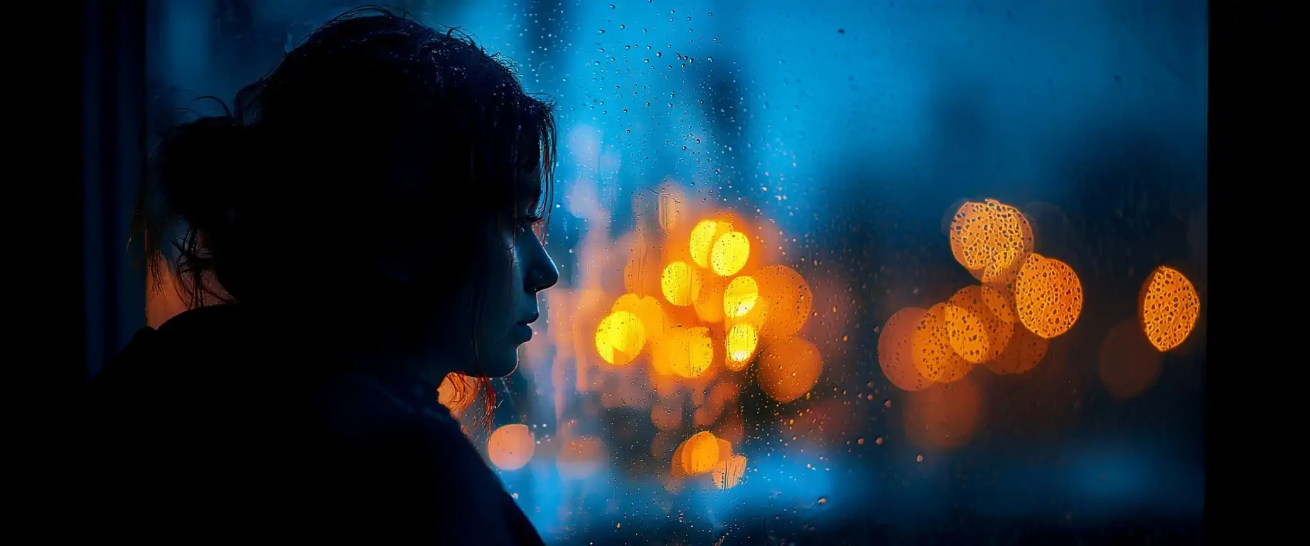 Silhouette contemplative devant une fenêtre couverte de pluie, éclairée par des lumières chaudes, représentant la solitude intérieure.