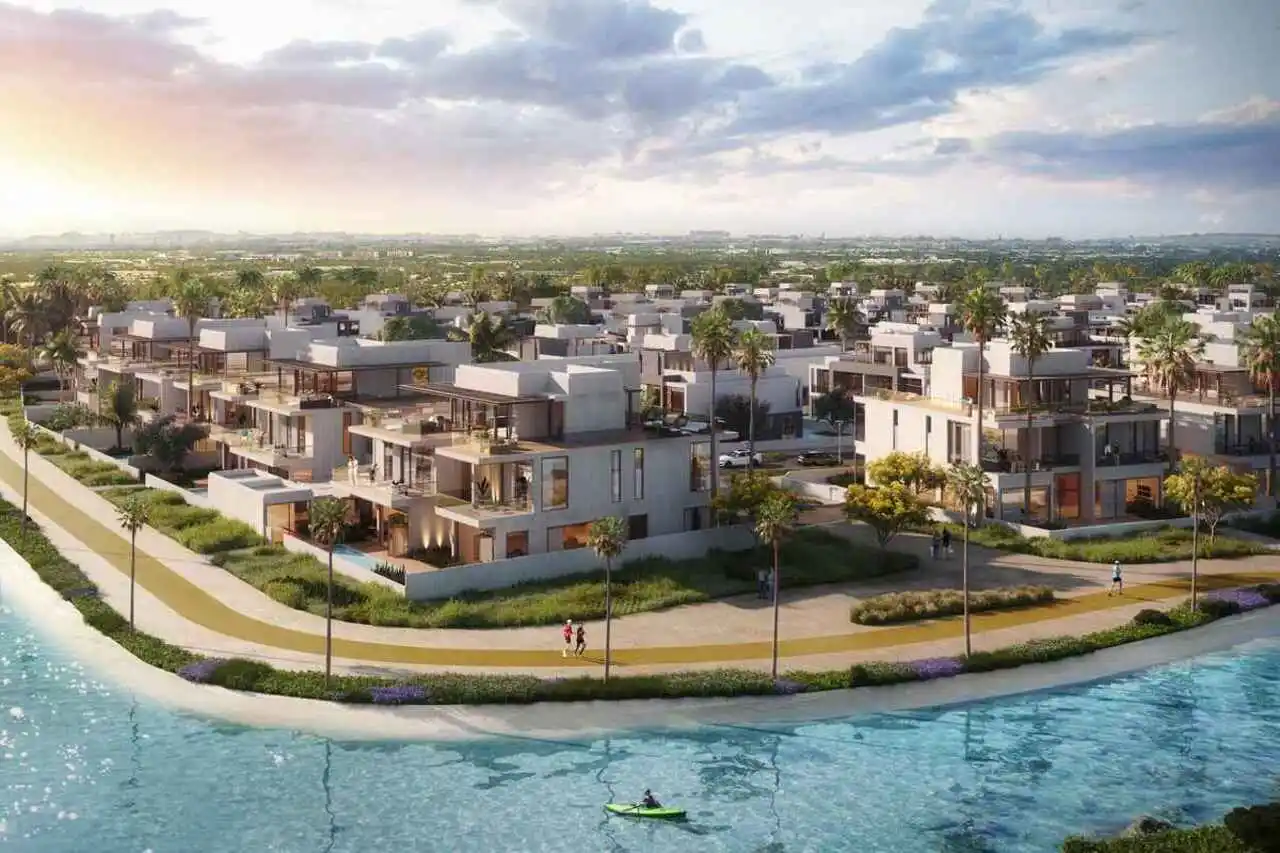 Rendering of a residential development situated in a river, part of the Dubai South master plan.