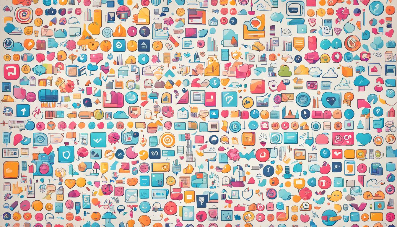 A colorful collage of various Instagram icons and graphs arranged in a geometric pattern, conveying the data-driven nature of analytics. Some of the icons might include a bar graph, line graph, pie chart, hashtag icon, comment bubble, emoji reactions and engagement metrics. The colors should be bright and vibrant, with a mixture of pastel hues and bold neon shades to create a harmonious contrast. The composition should be balanced and visually appealing, featuring clean lines and sharp angles to emphasize the precision and accuracy of data analysis.