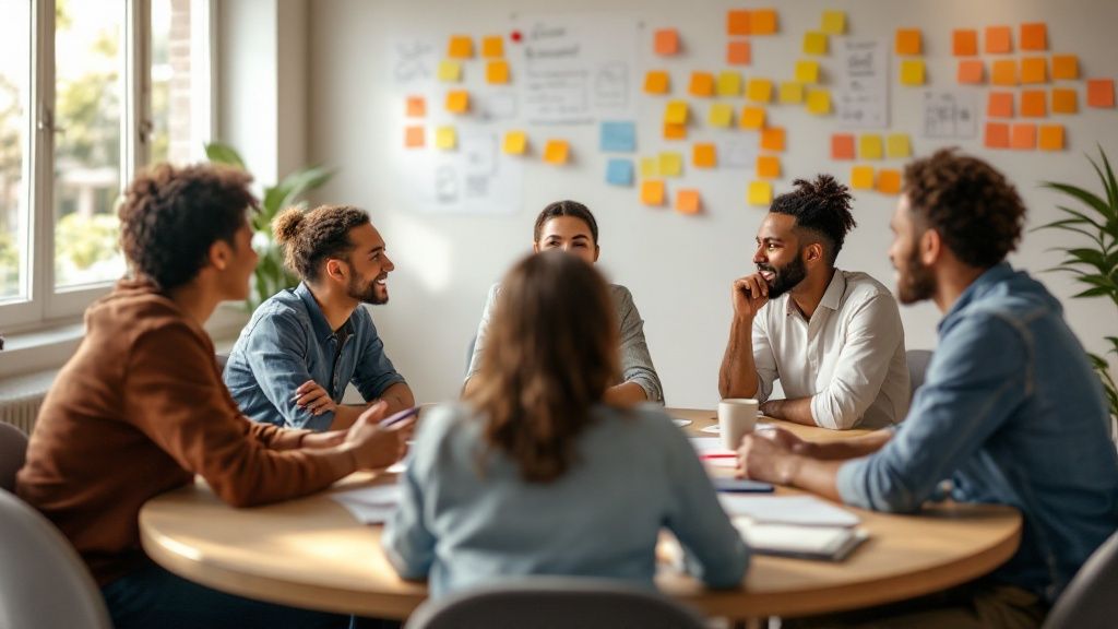 Team of young professionals collaborating around a round table in a modern office, with colorful sticky notes and brainstorming materials on the wall behind them