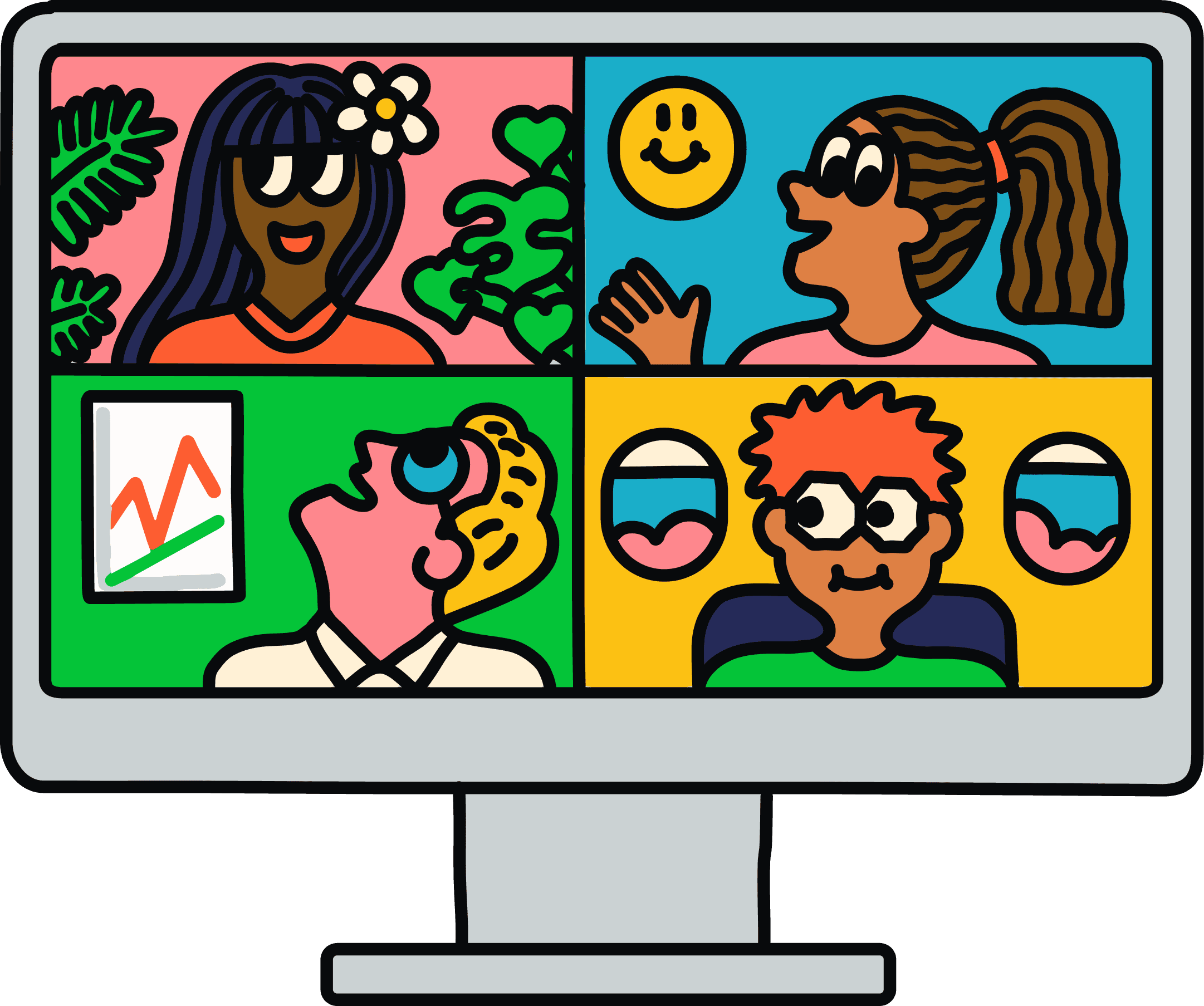 Illustration of a computer screen displaying a video call with 4 participants.