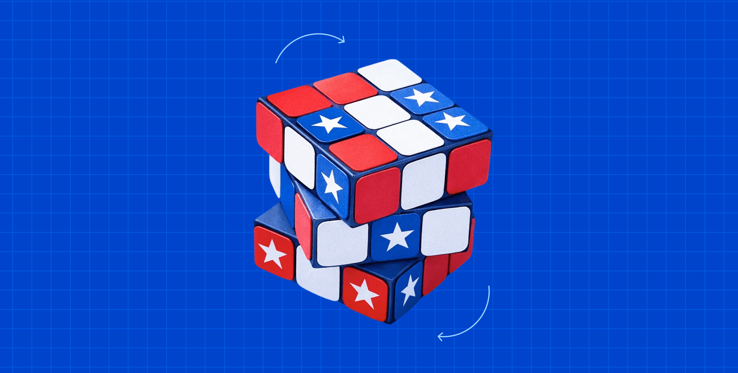 A Rubik's cube with stars and red, white, and blue cubes; the background is blue