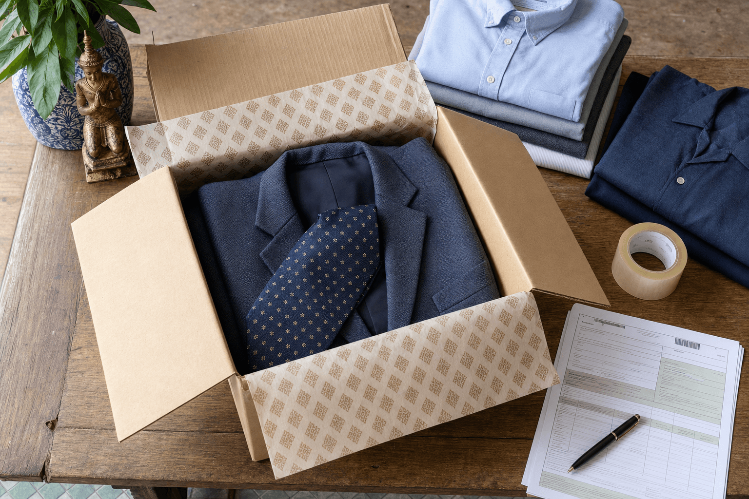 Folded garments being packed into a shipping box for export from Thailand with customs duty included