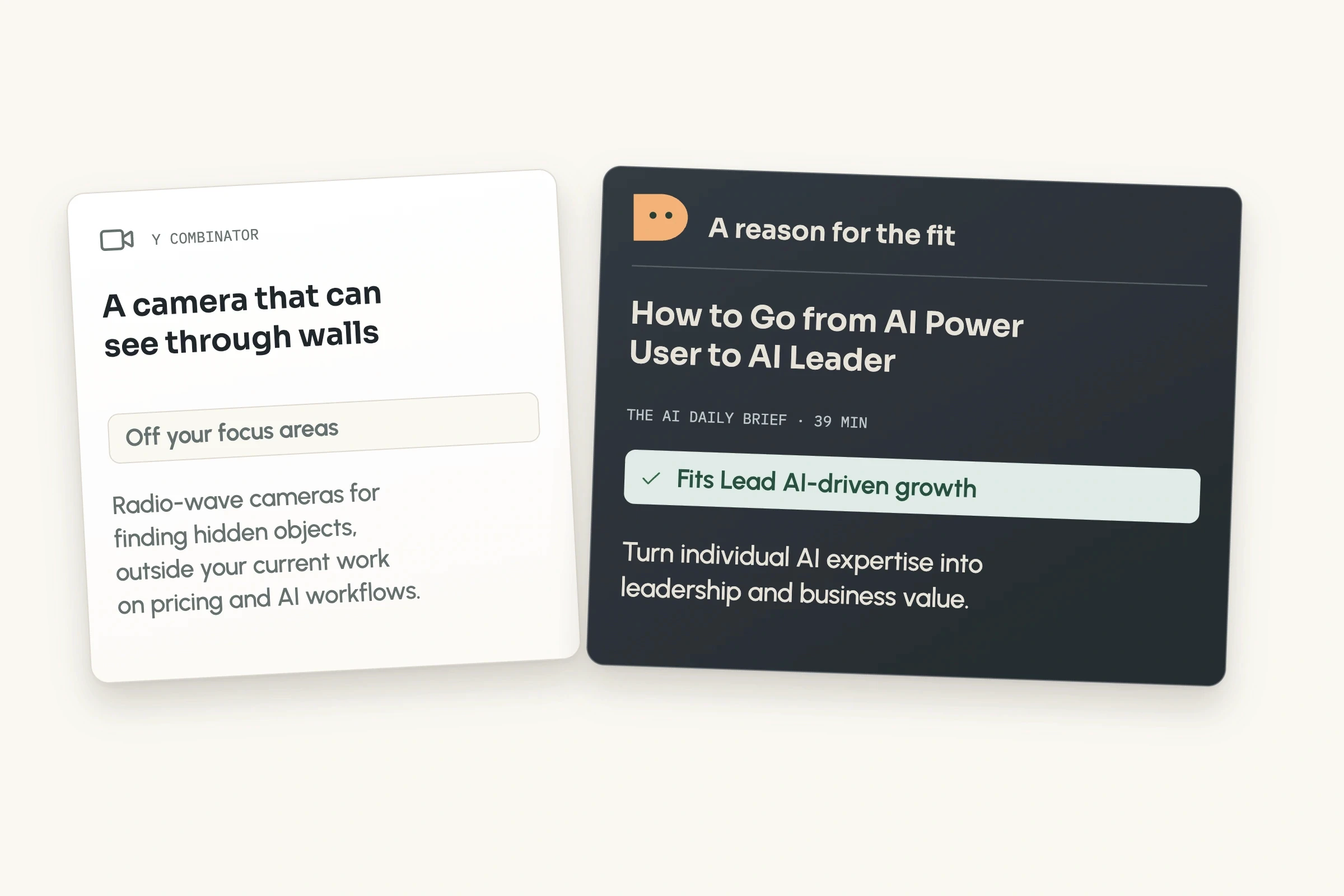 Scout explains why an AI leadership podcast fits a focus area and a camera video is off focus.