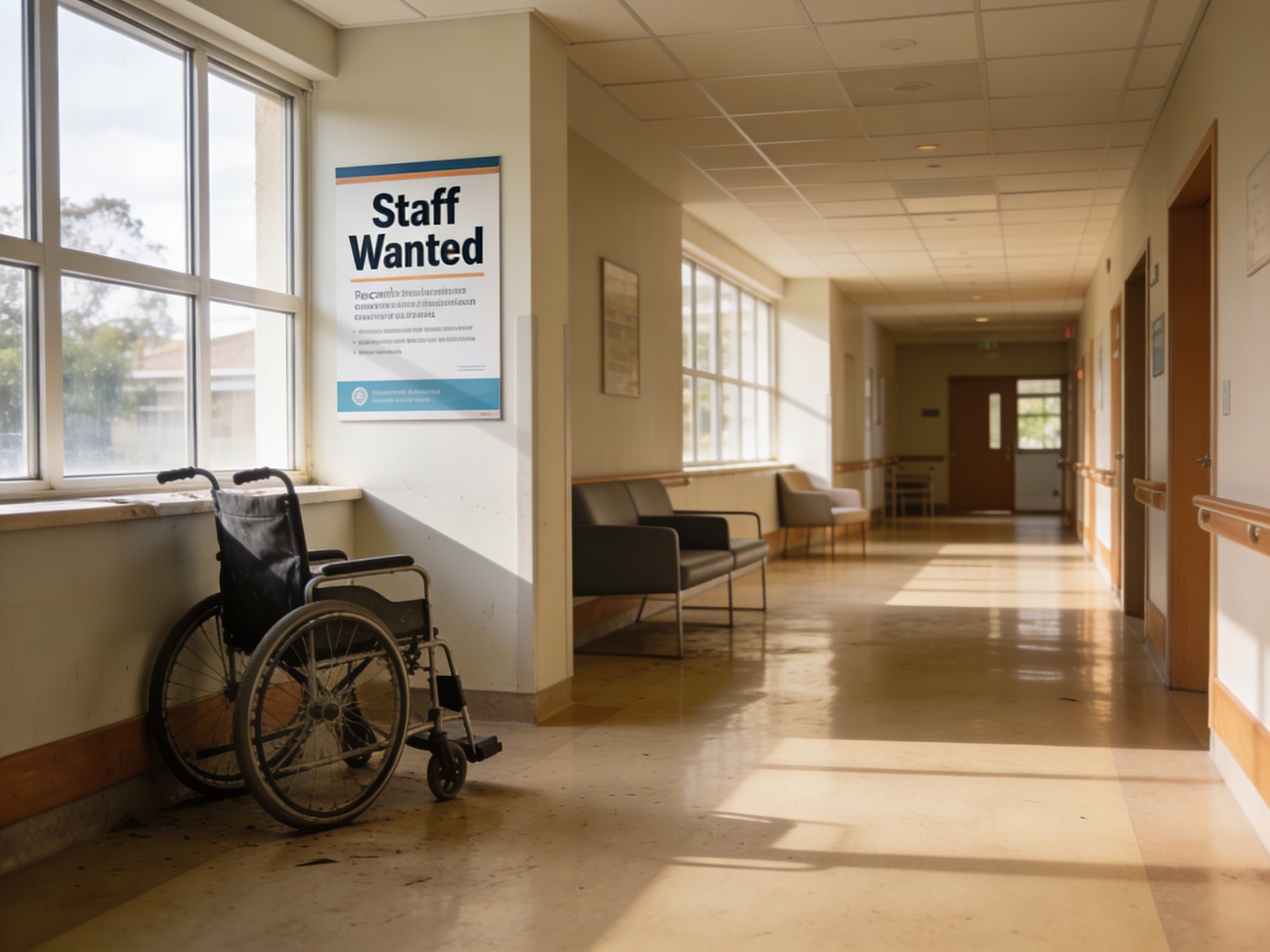 Empty aged care facility corridor with "Staff Wanted" signage on wall, wheelchair visible in hallway, natural light from windows highlighting vacant workspace, conveying absence and need