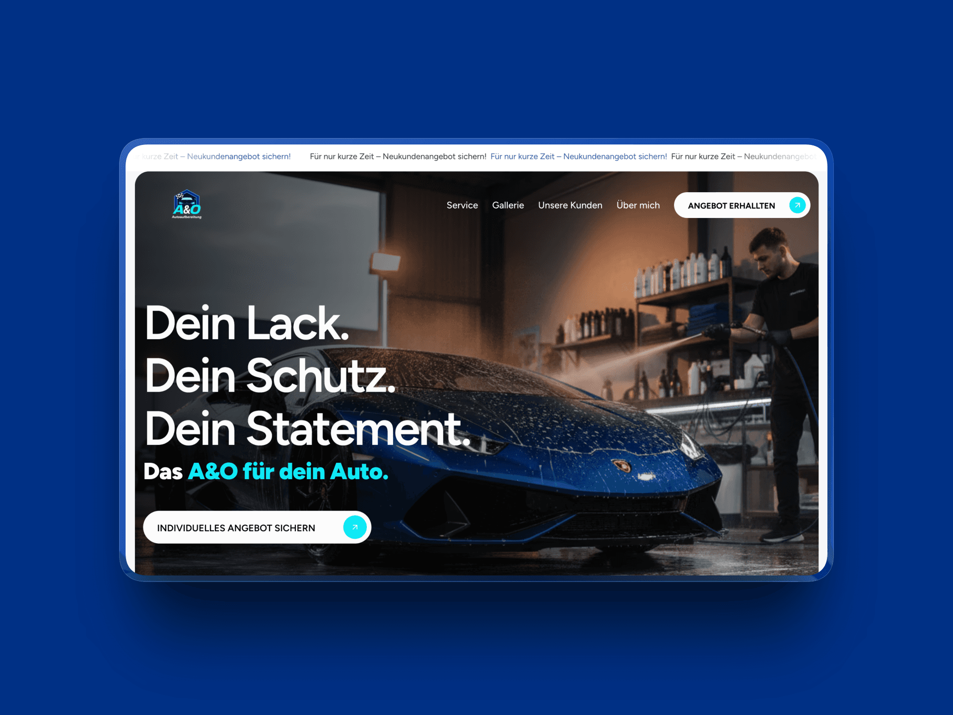 Die Headline-Struktur („Dein Lack. Dein Schutz. Dein Statement.“) arbeitet mit kurzen, rhythmischen Sätzen, die nacheinander drei Kaufmotive triggern: Werterhalt, Schutz und Status – direkt darunter folgt der CTA („Angebot einholen / sichern“), der diese Emotion in eine konkrete Aktion überführt.