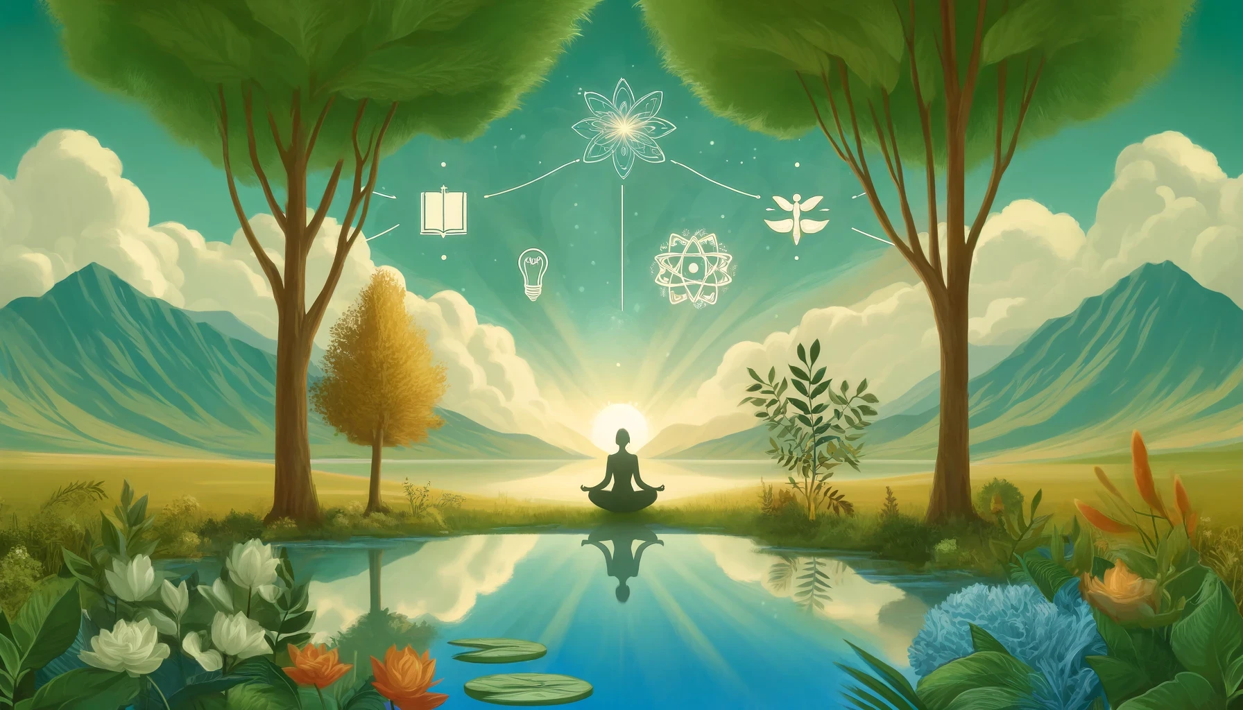 A person meditates by a tranquil lake at sunrise, surrounded by nature, with icons representing holistic growth, learning, and balance in the background, symbolising holistic coaching.