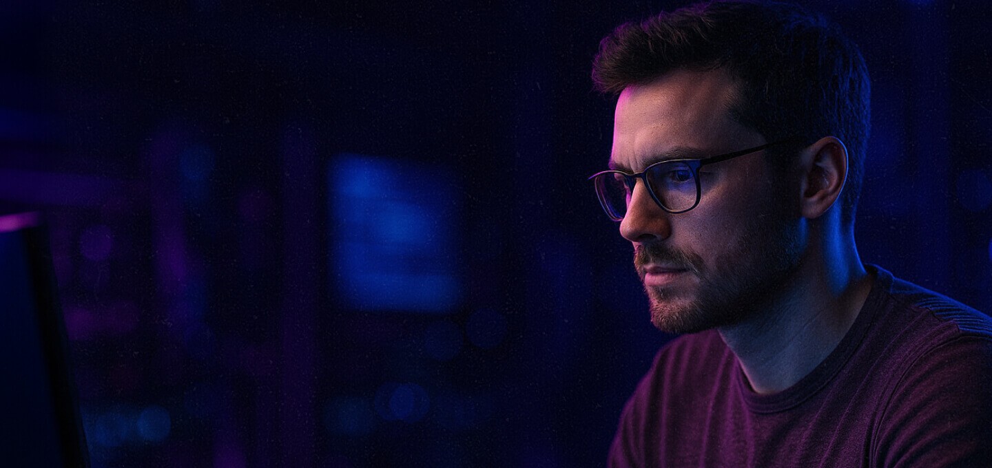 Creative tech worker in a cyberpunk setting with bi-directional blue and purple light against a blurred background.