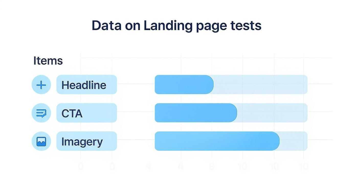 Data visualization chart showing three landing page test elements: headline, CTA, and imagery with blue bars
