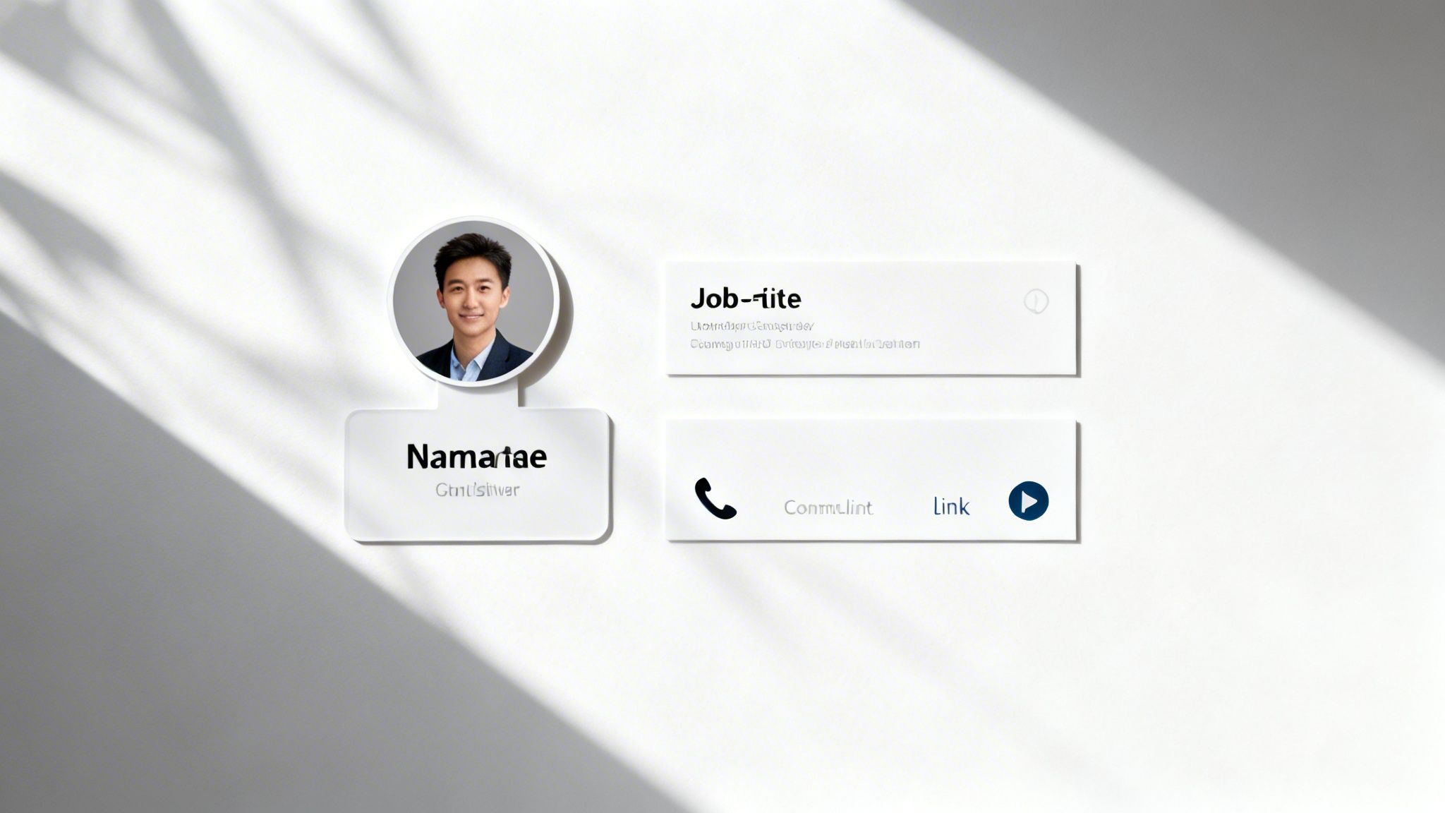 Profilkarte mit lächelndem Mann, Name, Jobdetails und Kommunikationsoptionen auf hellem Hintergrund.