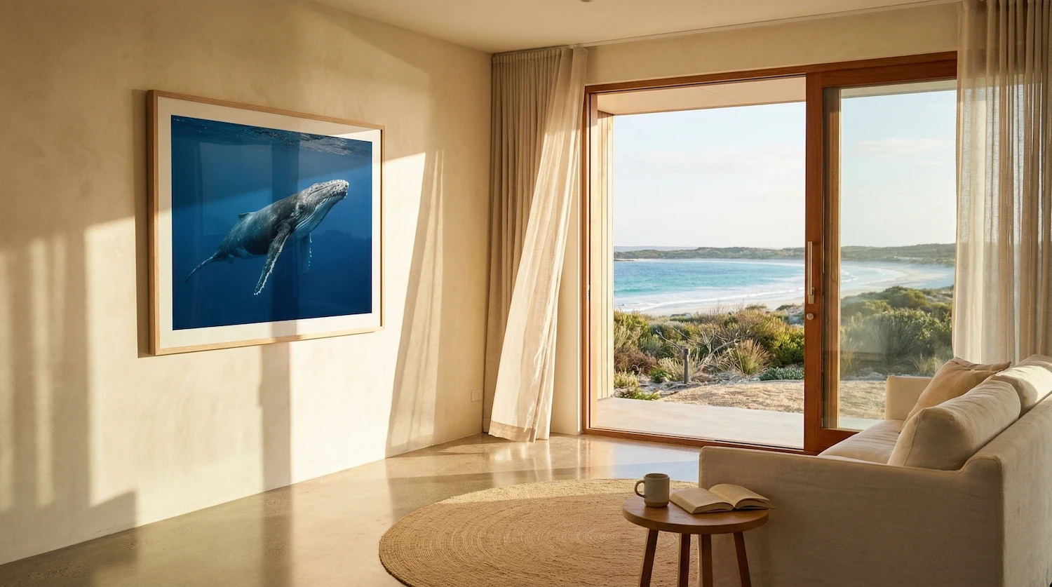 Beautiful Hemp Crate home built on the beach with RespiraBlock hemp crate blocks. Showing a painting of a whale as well as a lime render of a white-coloured wall with large timber windows and a polished concrete floor. 