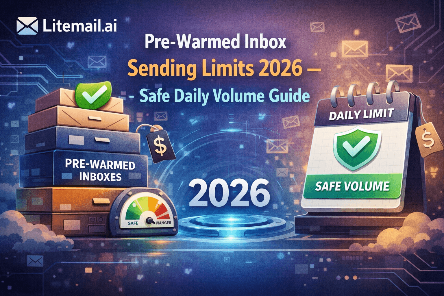 pre-warmed inbox sending limits with a safety gauge and calendar highlighting safe daily email volume guidelines for 2026.