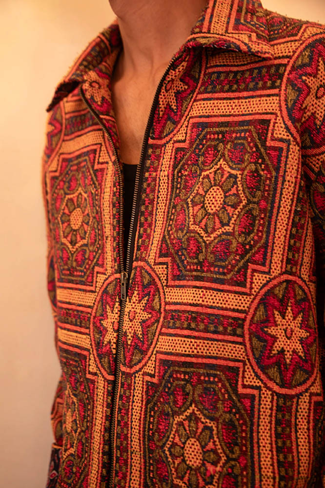 Aksa Bomber II and Shorts Set is our one-of-a-kind set, handcrafted by skilled artisans in-house using a geometric hand woven shawl.