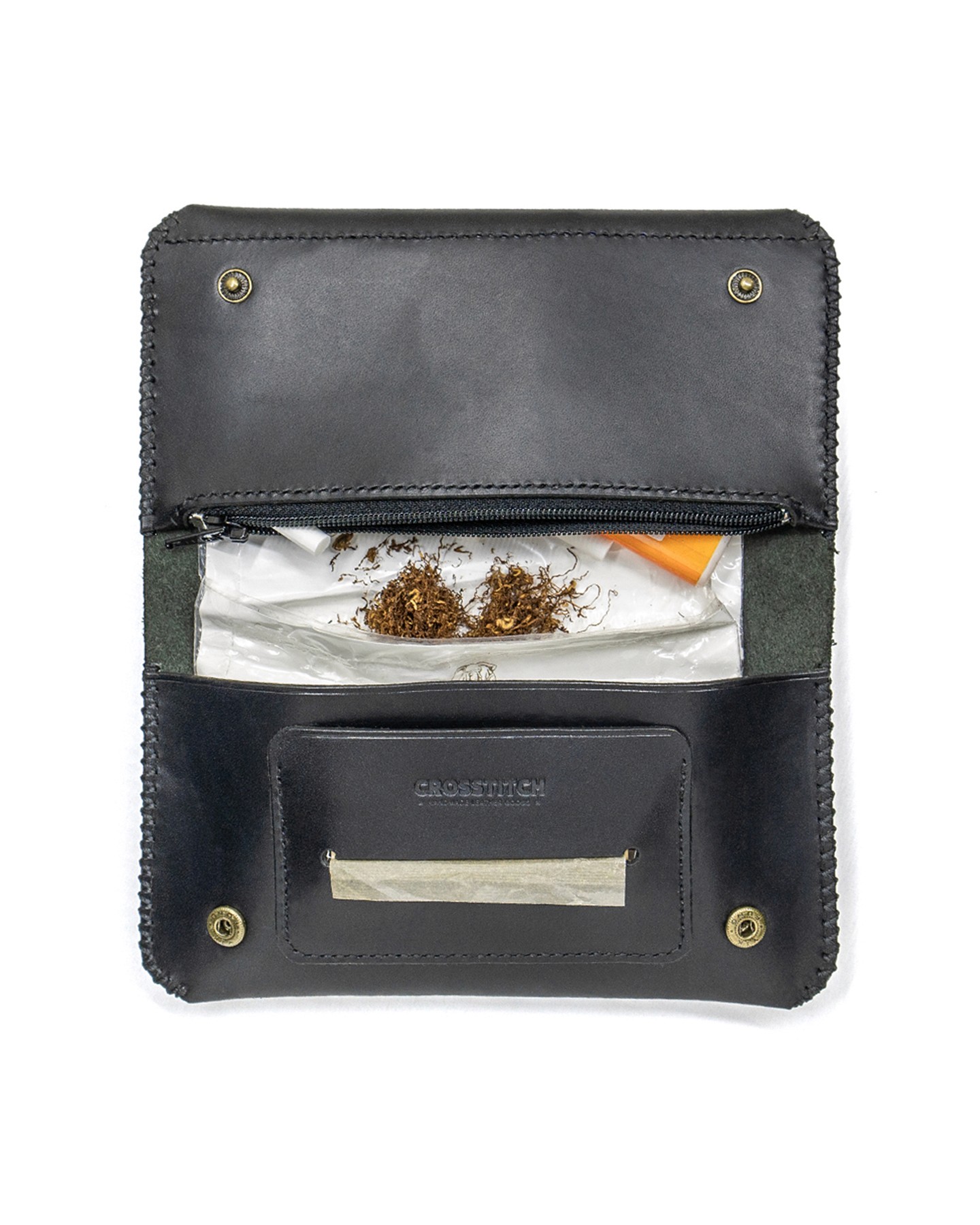 Handmade Black leather tobacco pouch open full