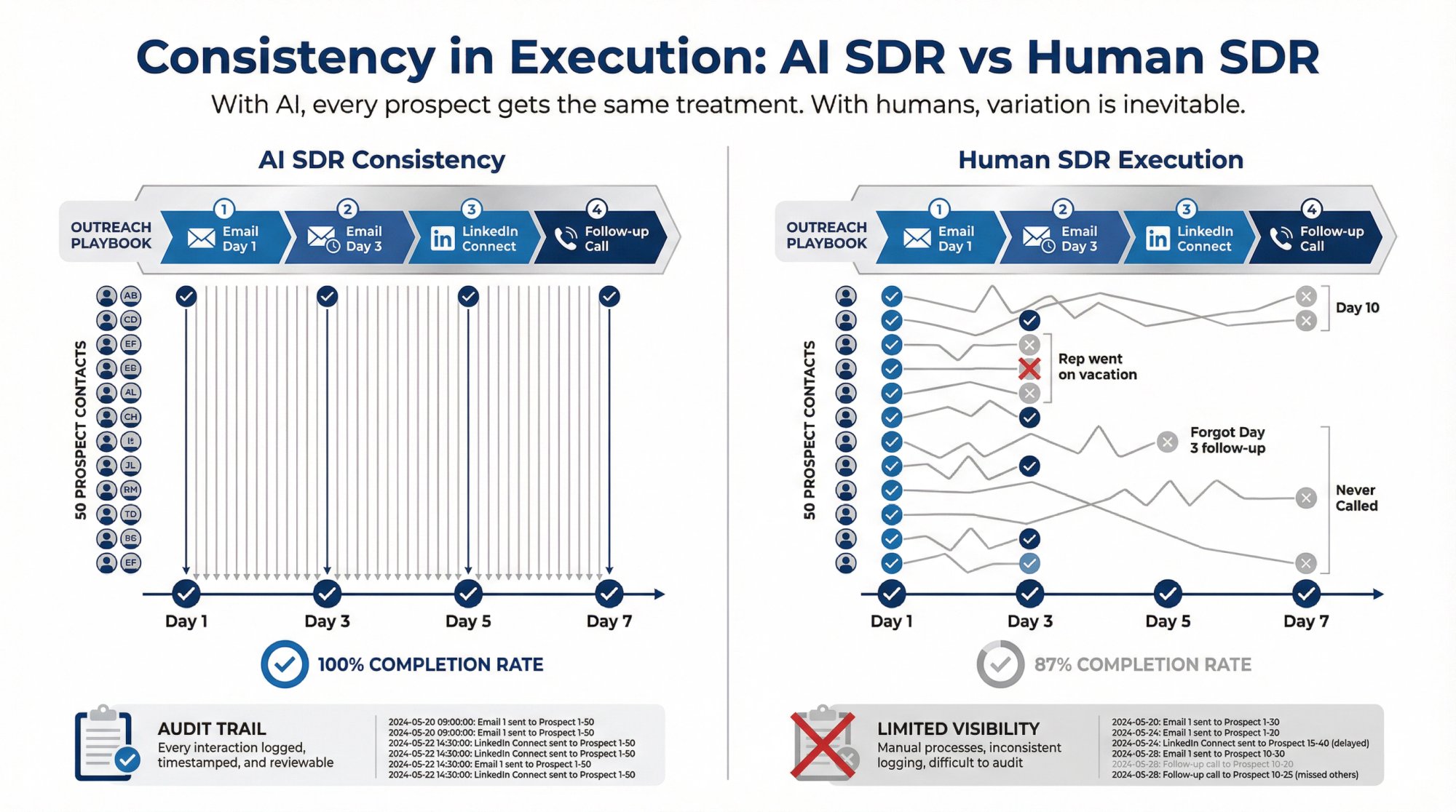 Side-by-side comparison infographic showing AI SDR executing identical outreach sequences consistently versus human SDRs with variable execution and skipped steps