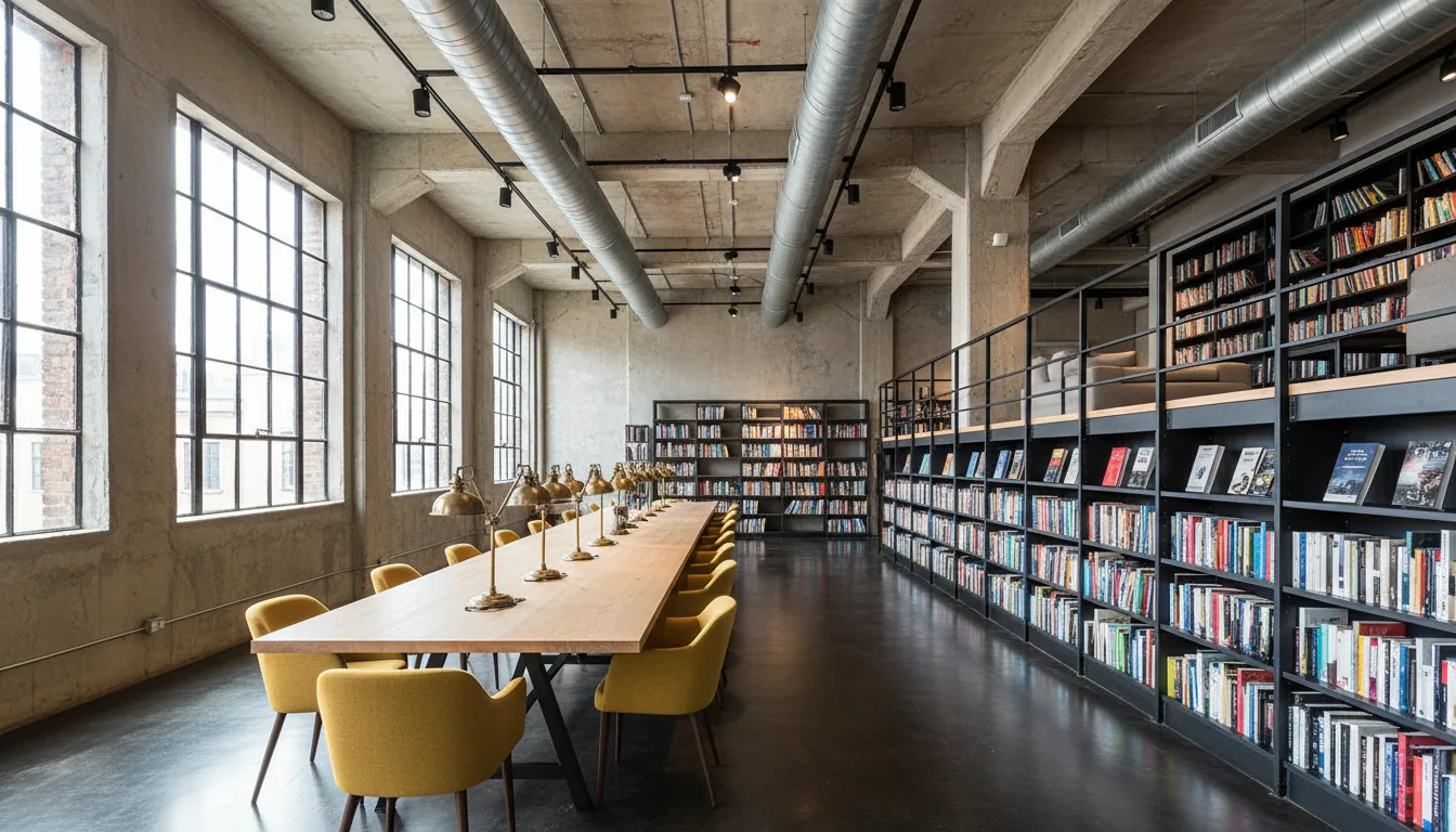 Wide-angle DSLR photograph of a spacious industrial loft coworking space, eye-level shot. A long, light-wood communal table stretches into the distance, lined with vintage brass desk lamps and mustard-yellow chairs. The interior features high ceilings with exposed silver ductwork, a dark ceiling grid with spotlights, and raw concrete walls. To the left, a wall of tall windows provides bright natural daylight. To the right, a raised lounge area is built on top of dark metal bookshelves. The background is a floor-to-ceiling library wall. Polished dark concrete floor, sharp focus, high detail.