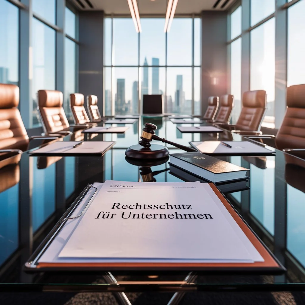 Konferenzraum mit Rechtsschutz-Dokument und Richterhammer auf Glaskonferenztisch – Firmen-Rechtsschutz für Unternehmen