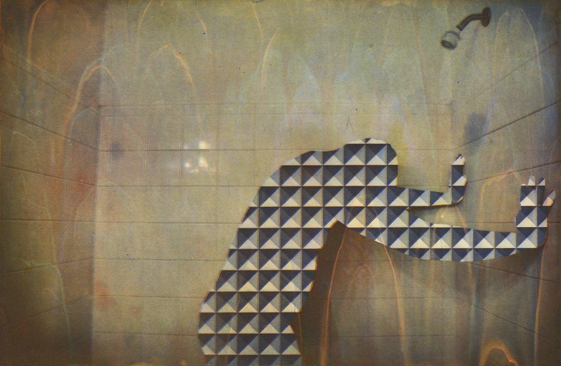 Photogravure print featuring a geometric-patterned human silhouette posed against tiled shower walls, layered with light leaks and textured photographic effects to create a dreamlike exploration of identity, memory, and transformation.