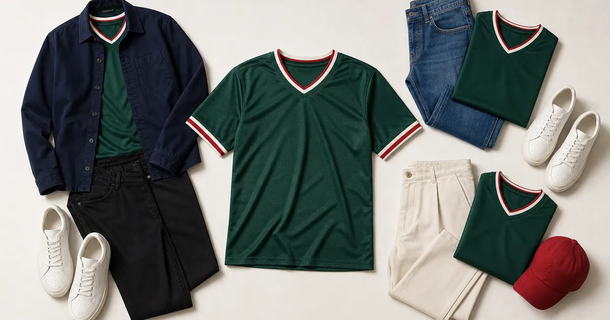 Green Mexico jersey styled with black jeans, blue denim, ecru trousers, white sneakers, and a small red accent