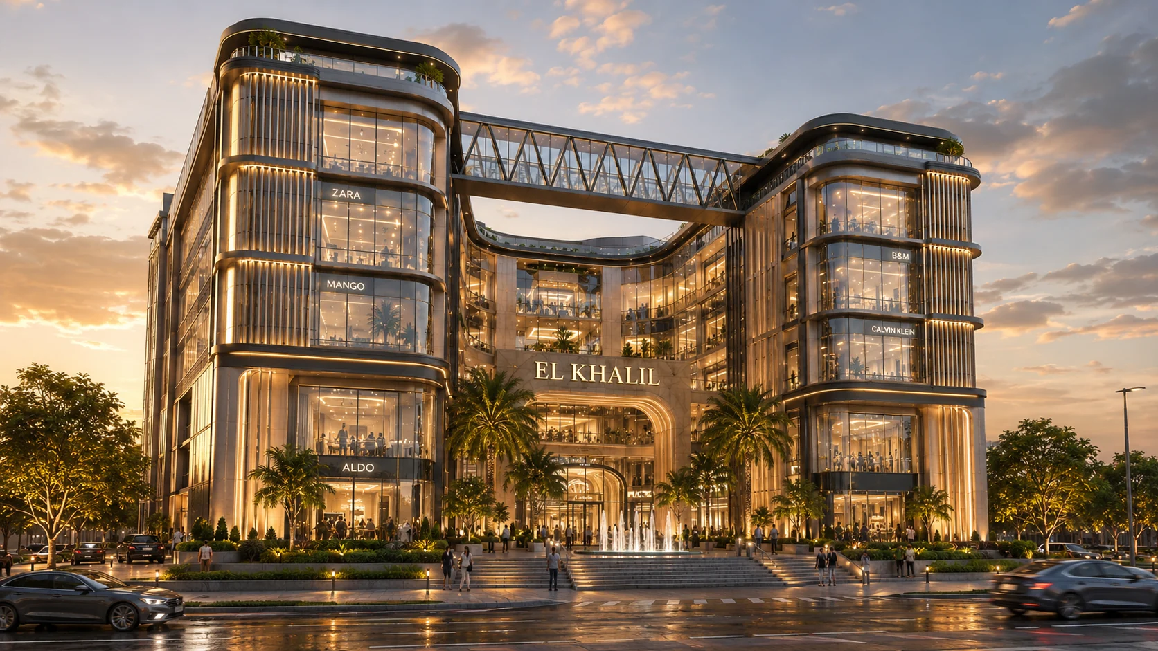 Front architectural render of EL KHALIL Mall with curved glass facades and warm lighting by Arc In Space