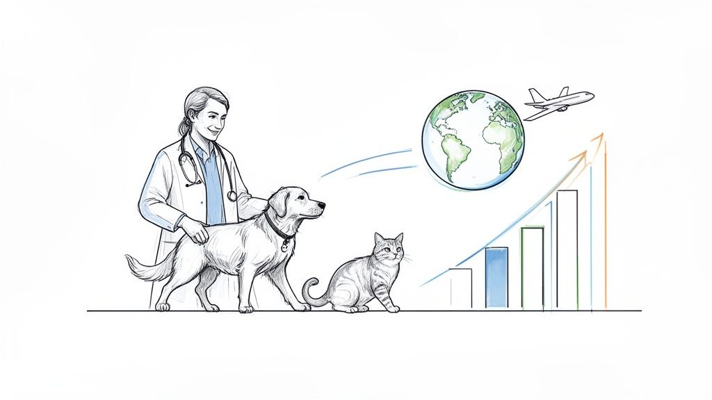 Illustration of a veterinarian with a dog and cat, globe, airplane, and rising bar chart.