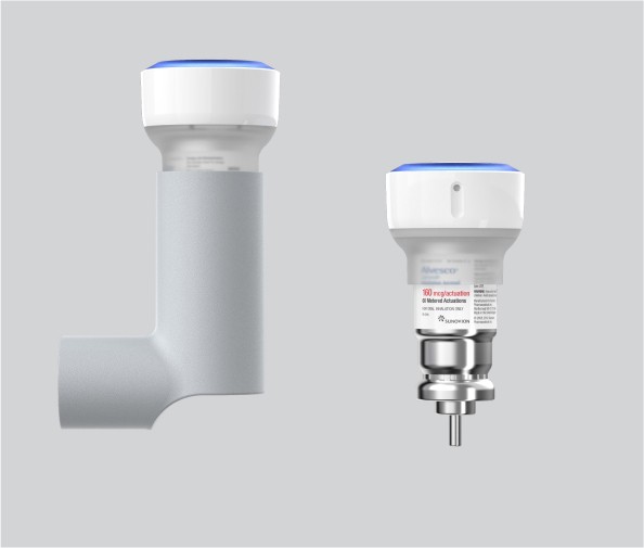 Full assembely of the inhaler with Breathesuite metered dose attachement and metered dose attachement outside of inhaler.